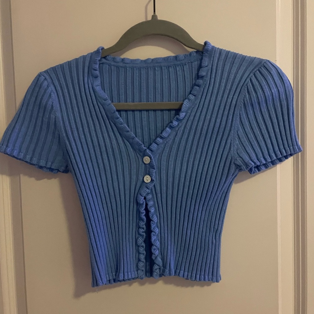 Blue Ribbed Button-Up Women's Top